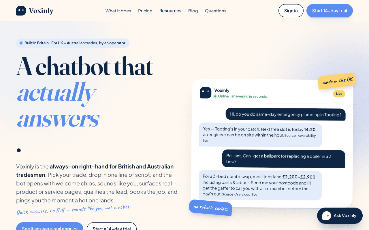 Voxinly onboarding — Landing page → click ‘Start free trial’