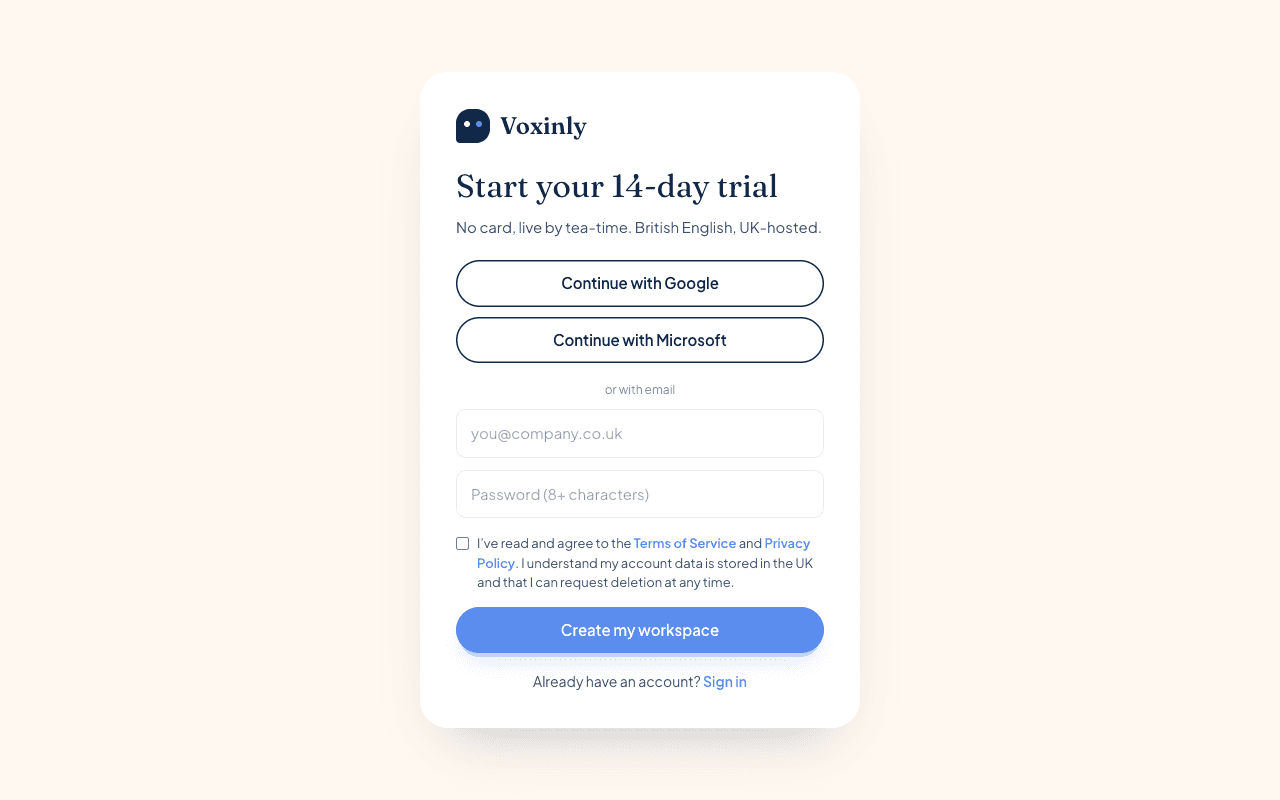 Voxinly onboarding — Sign up — email + password, or Google / Microsoft