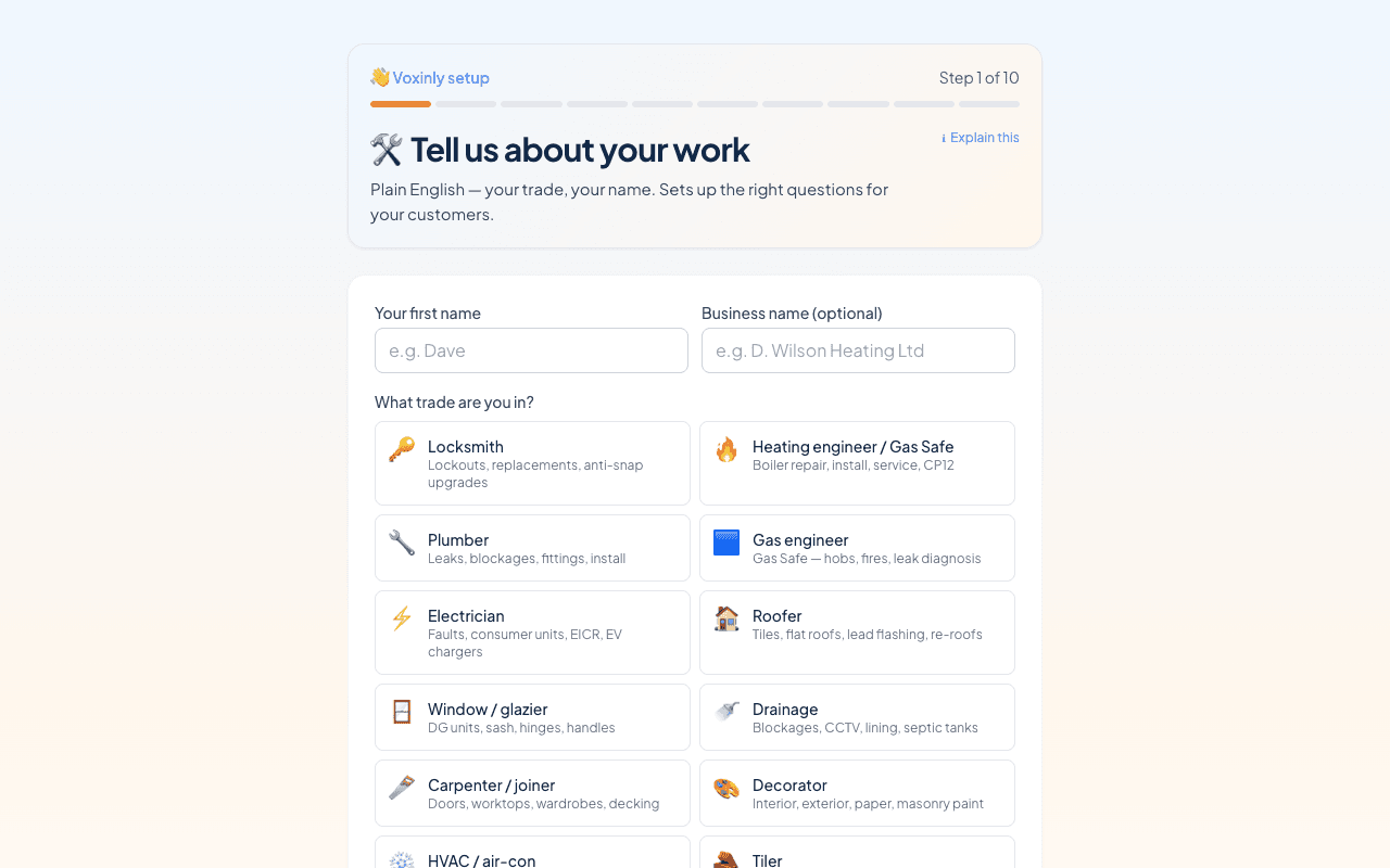 Voxinly onboarding — Step 1 — Your name, business name and trade